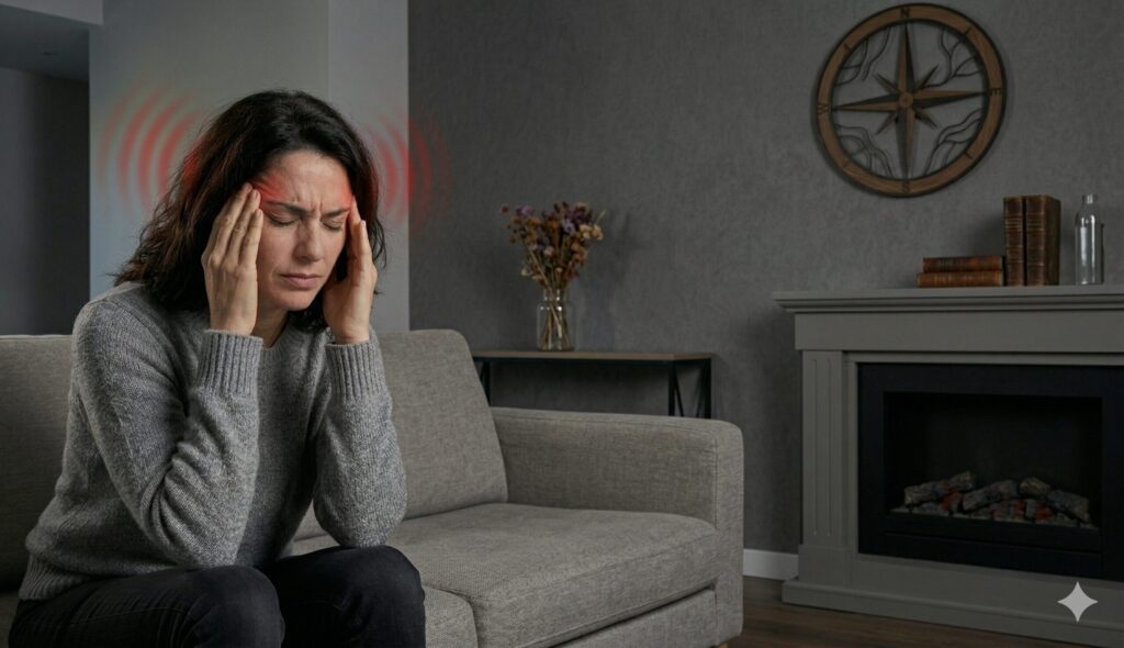 Mulher sentada no sofá com expressão de enxaqueca intensa, segurando a cabeça com as mãos