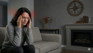 Mulher sentada no sofá com expressão de enxaqueca intensa, segurando a cabeça com as mãos