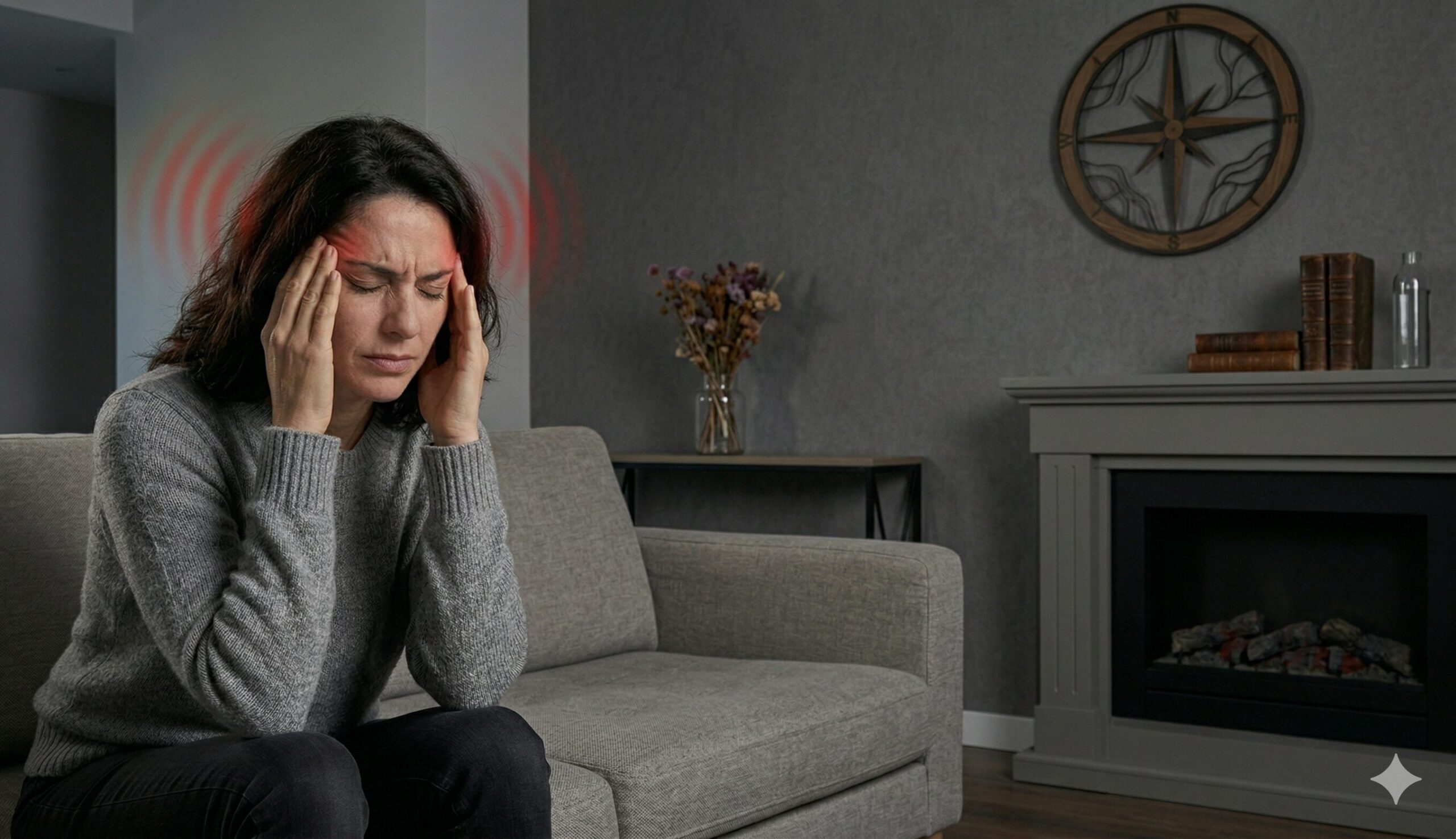 Mulher sentada no sofá com expressão de enxaqueca intensa, segurando a cabeça com as mãos
